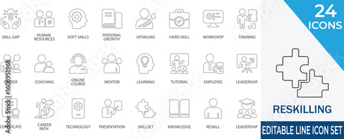 A professional stroke icon set focused on reskilling,  and workforce development.  Perfect for HR platforms, educational apps, and corporate training materials.