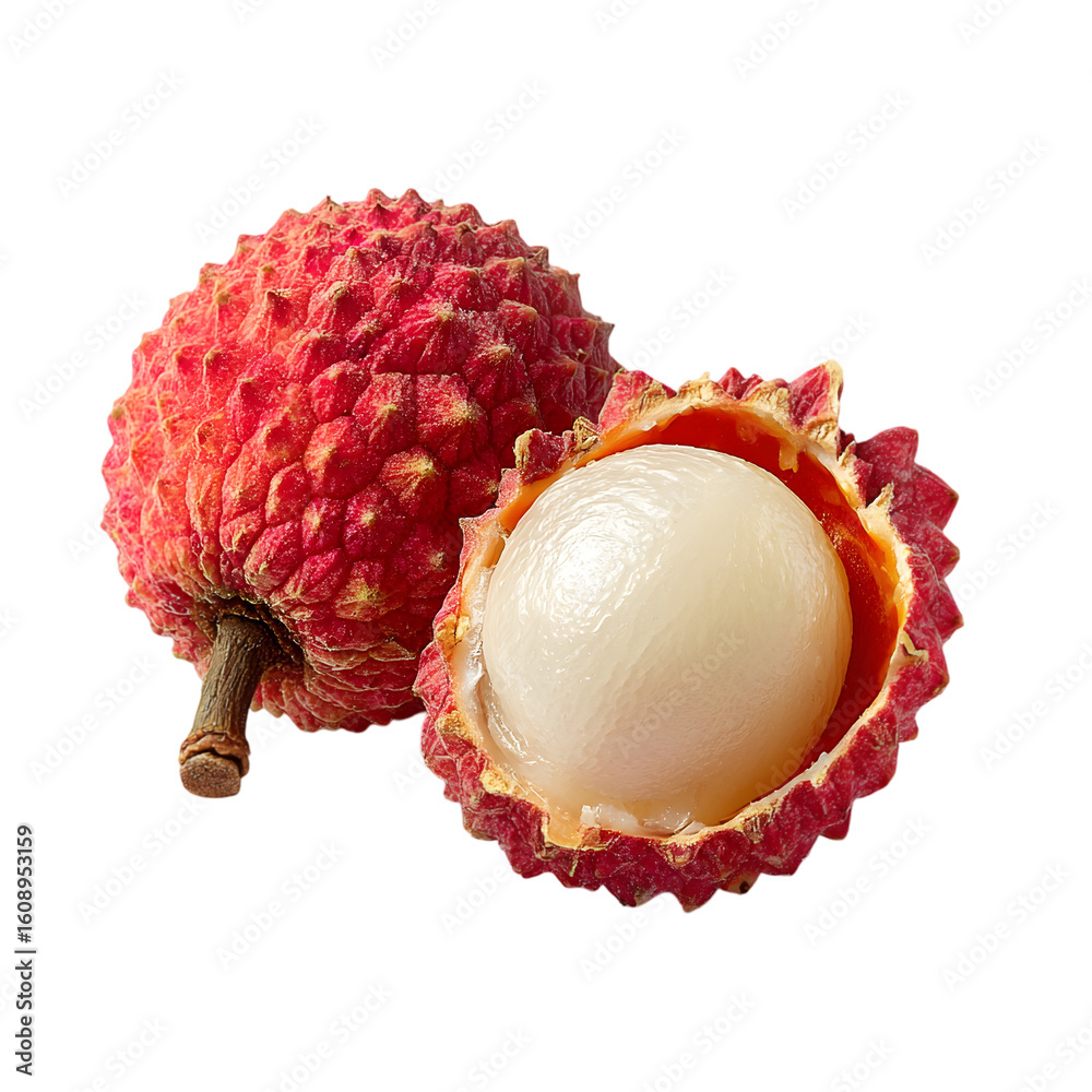 Fototapeta premium Two ripe red lychee fruits one whole and one peeled revealing the juicy white flesh and seed isolated on transparent background