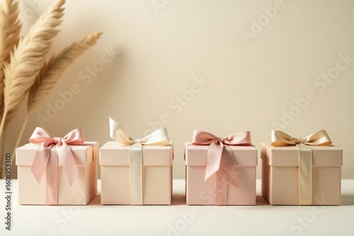 Elegant pastel gift boxes with delicate ribbons, arranged in a row against a neutral backdrop