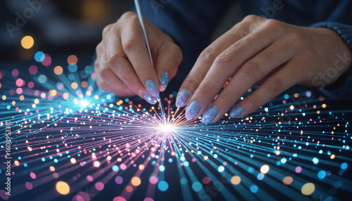 Hand using a stylus to create digital art with glowing particles  