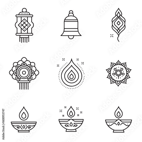 Vector illustrations of traditional indian diwali festival elements in simple black line art