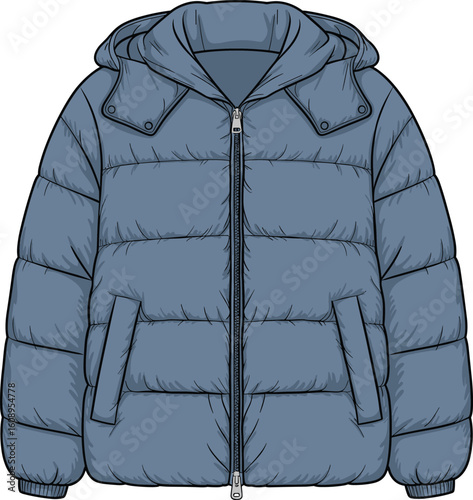 Blue hooded puffer jacket illustration for winter fashion, stylish outerwear apparel design, front view, garment sketch, modern cold weather style
