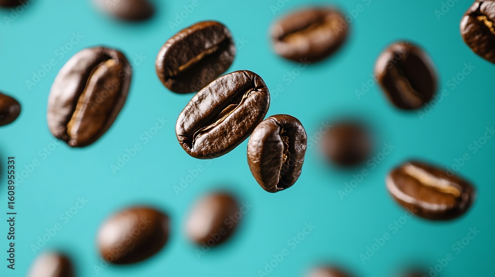 Fototapeta premium Coffee beans suspended in mid-air set against a vibrant turquoise backdrop