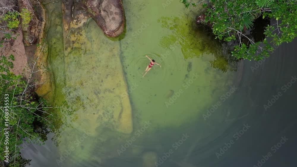 Drohnenaufnahme: Malerischer See im Amazonas mit schwimmender Frau, Brasilien 1