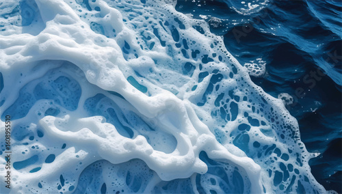 A dynamic close-up of white sea foam crashing against deep blue ocean waves. This powerful, abstract nature texture captures the energy of the sea.
