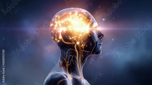 Abstract representation of a human head with glowing neural connections in a cosmic background