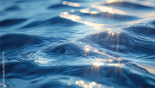 Serene blue water surface with gentle waves and sparkling sunlight reflections. A calm and beautiful abstract nature background with a mesmerizing light display.
