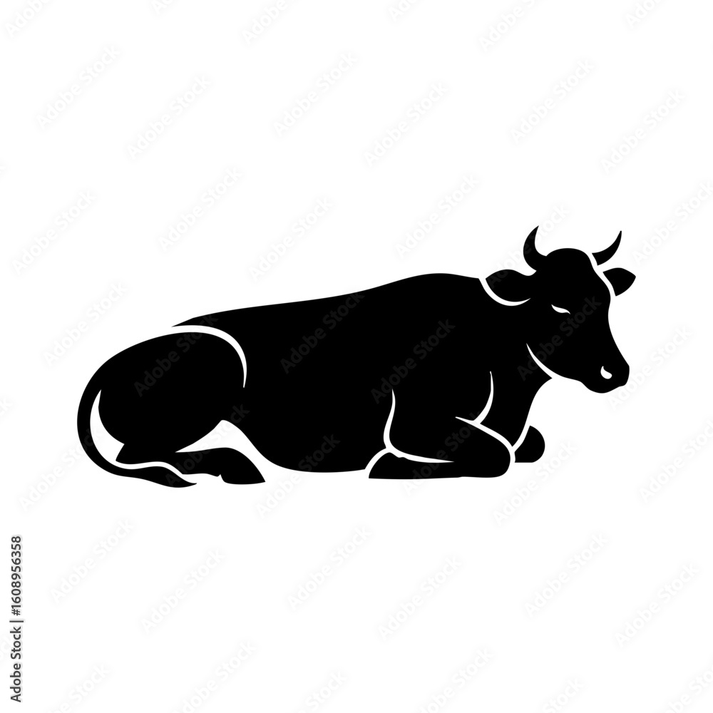 Fototapeta premium Black Cow Silhouette Vector - Resting Farm Animal Icon Minimalist Design