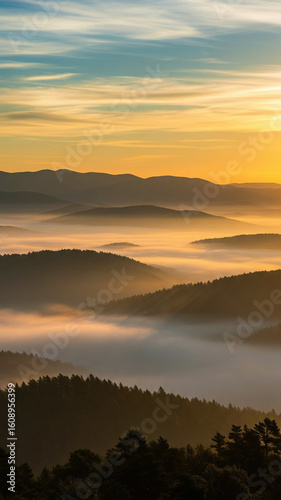 a stunning view golden sunrise over the misty mountain forest, sunrise in  nature , wallpaper background design