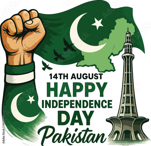 Celebrate 14th August Pakistan Independence Day with Patriotic Passion, Minar-e-Pakistan, Flag, Unity, Freedom, Cultural Pride, and National Resilience
