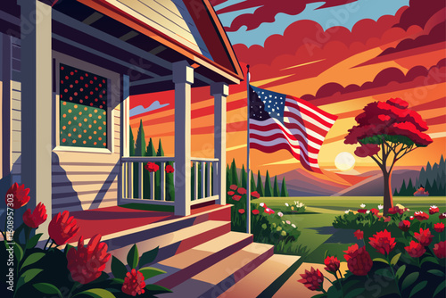 vector of American flag on sun porch with red flowers at sunset. Patriotism, Home, Americana. Summer evening, traditional values, ideal for Memorial Day,