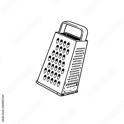  A metal cheese grater is shown with multiple holes for shredding ingredients in food preparation.