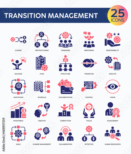 Transition Management icon collection set. Containing mentoring, restructuring, responsibility, plan, adaptation, collaboration, achievement icon. Simple color fill vector.
