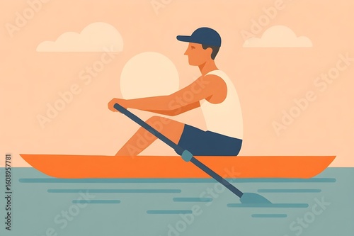 Flat Vector Illustration of a Solo Rowing Athlete on Water
