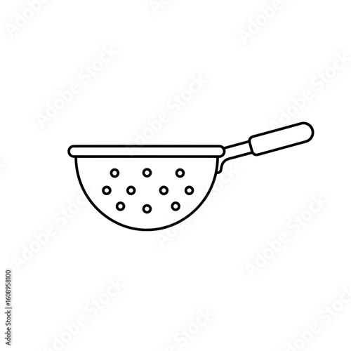  A metal colander with a handle is used for draining food items in the kitchen.