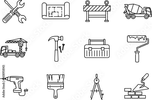 Vector art of construction and renovation tools and equipment icons