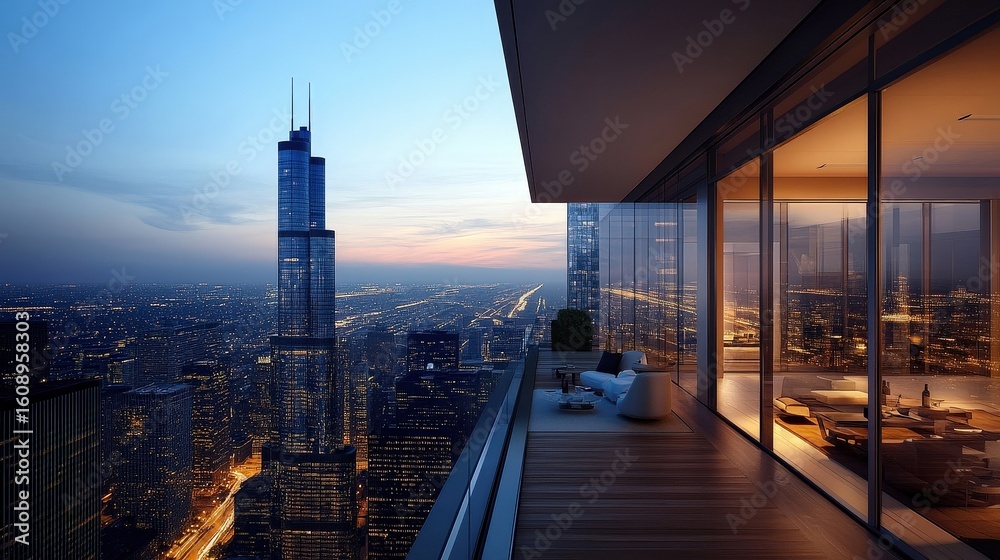 Obraz premium stunning chicago cityscape view from luxury penthouse balcony