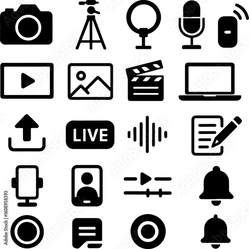 Collection of digital content creation and streaming equipment icons