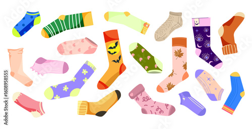 Fun Socks set vector Illustration. Set of colorful hand drawn socks of different designs with various patterns and perfect for fashion graphics kids designs packaging prints and textile project