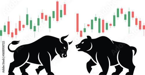 Bull and bear market symbols facing each other with stock market candlestick chart above