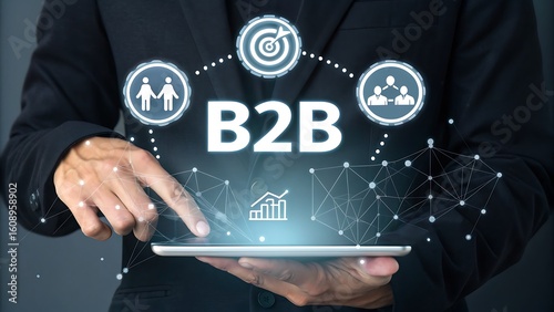 Professional network growth: Businessman using technology for strategic partnerships and improved business-to-business relationships worldwide.