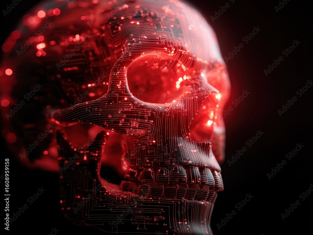 Fototapeta premium Cyber Skull in Red Circuit Light