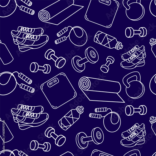 Fitness and gym equipment seamless pattern dumbbells sneakers jump ropes yoga mats kettlebells and water bottles in line style for sports designs packaging apparel and fitness branding. Vector