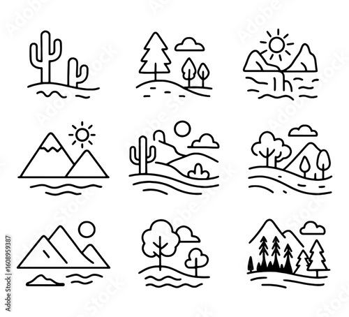 Linear landscape icons set with nature views