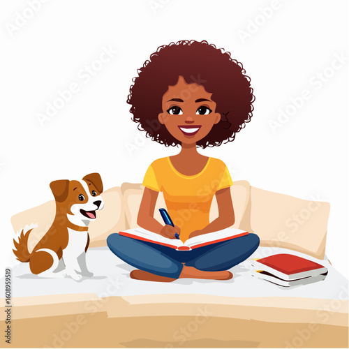 A serene moment of study and companionship with a young woman writing at home next to her faithful dog.