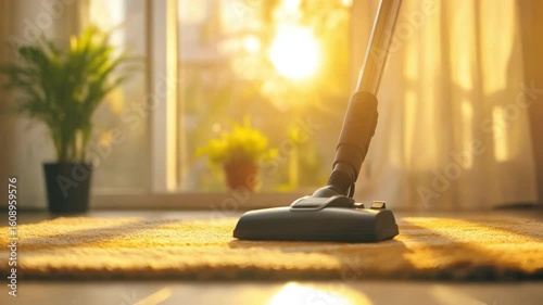 Wallpaper Mural Bright Room with Modern Vacuum Cleaner on Soft Carpet Under Warm Sunlight and Green Plants in the Background 4k video footage Torontodigital.ca