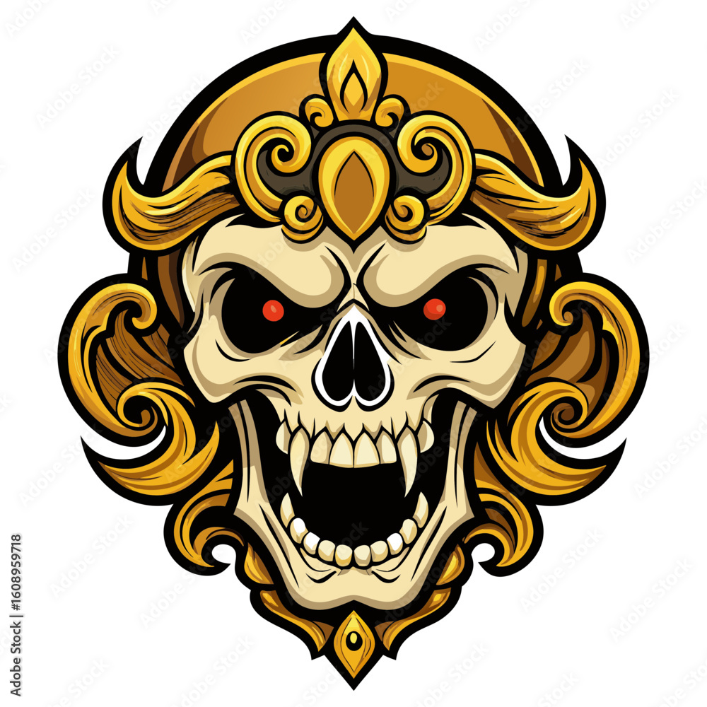 Obraz premium Golden color angry skull vector with white background.