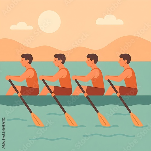 Team Rowing in Flat Vector Style on Calm Water
