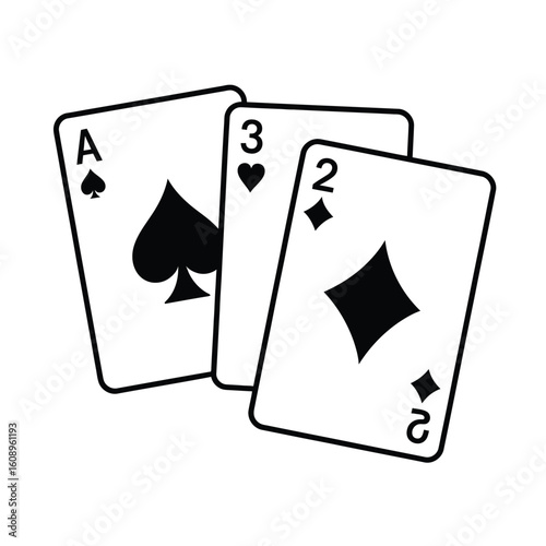 Three playing cards ace of spades three of hearts and two of diamonds