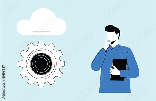 Businessman Pondering Cloud Computing Solutions and Gear Mechanism for System Optimization and Strategic Thinking