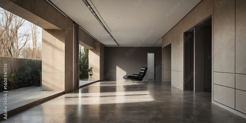 Fototapeta premium Modern Hallway with Concrete Walls and Lounge Chair