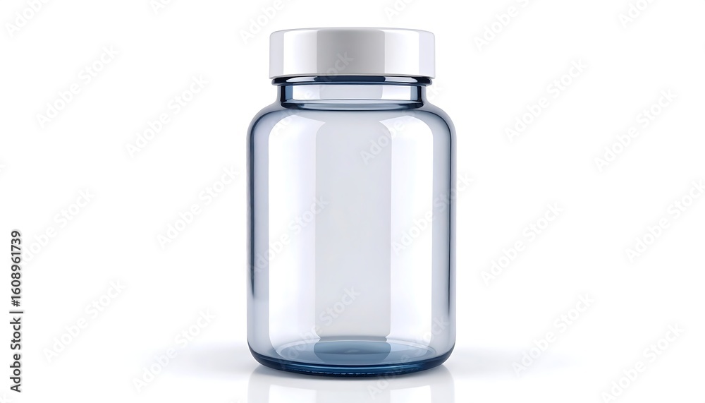 Transparent blue glass bottle with a white lid, isolated on white background