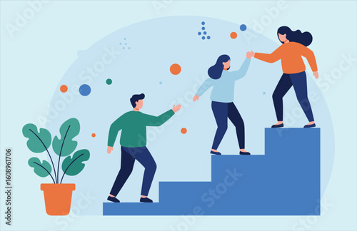 Teamwork and mutual support for business success. People helping each other climb stairs, achieving goals collaboratively.