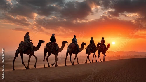 Caravan of people riding camels across desert dunes at sunset symbolizing travel adventure nomadic life and traditional desert exploration in warm golden light