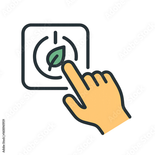 Eco-friendly lifestyle choice with a finger pushing an energy-saving button, promoting sustainability and environmentally conscious actions