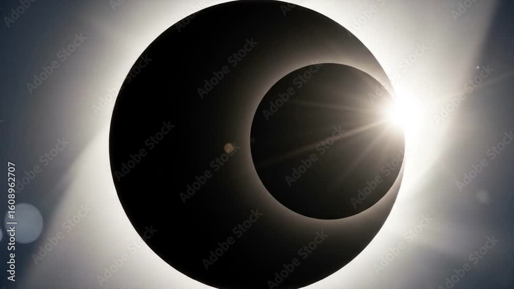 Solar eclipse with the moon blocking the sun and bright light rays in the dark sky above