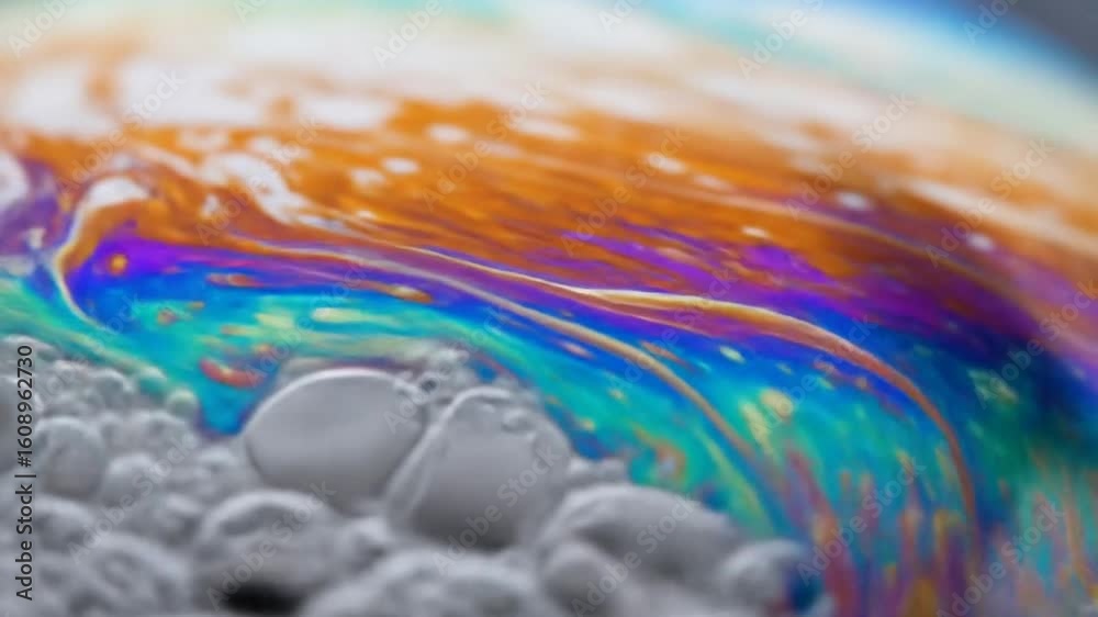 Close up of iridescent soap bubble surface with swirling colors and small bubbles below it