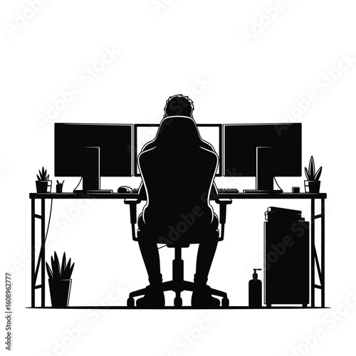 Silhouette of a person working at a desk with multiple computer monitors