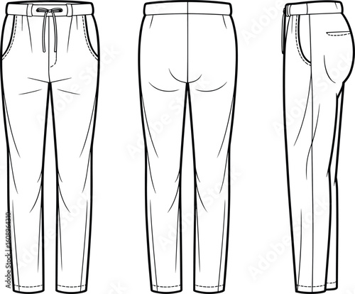 Comfortable Drawstring Lounge Pants Technical Flat Sketch: Front, Back, and Side Views for Apparel Design and Mockups