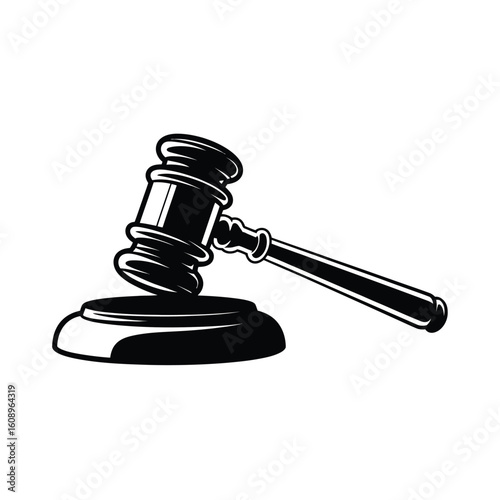 Black and white illustration of a wooden judge s gavel resting on its sounding block