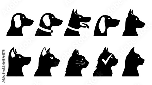 Dog and Cat Head Profile Silhouettes  Pet Icon Set Vector
