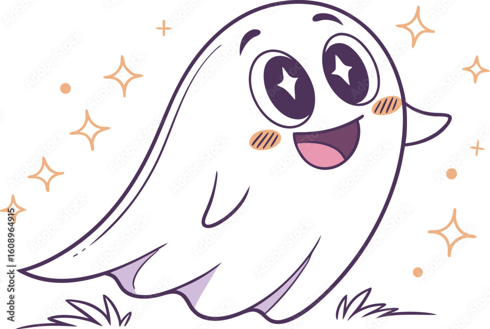 Obraz premium Cute Halloween Ghost Design Illustration for Seasonal Artwork. Spooky Halloween Ghost Drawing Perfect for Party and Holiday Graphics. Friendly Halloween Ghost Artwork for Kids and Festive Designs