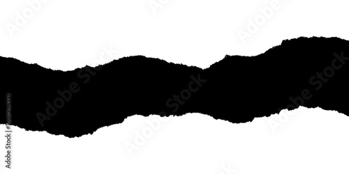 Black ripped paper tear effect. A horizontal grunge strip with torn edges, creating a split or divider. Isolated graphic element on transparent background, PNG cutout for creative design.