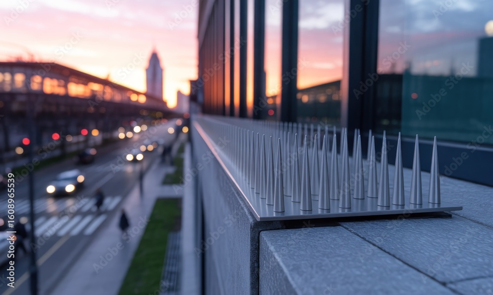 Fototapeta premium Metal spikes deter birds from building nests on a modern building