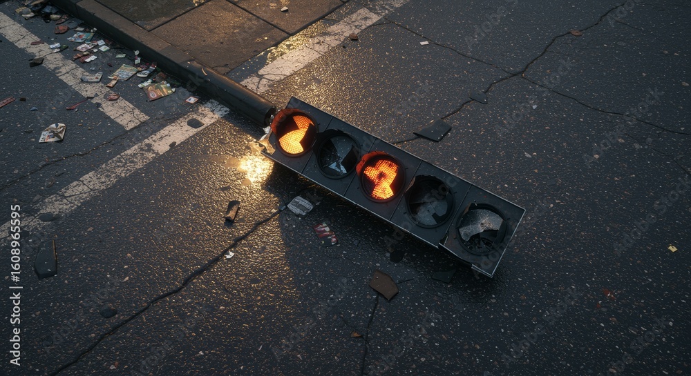 Fototapeta premium Broken traffic light lying on wet asphalt with puddles and trash in gritty urban street scene