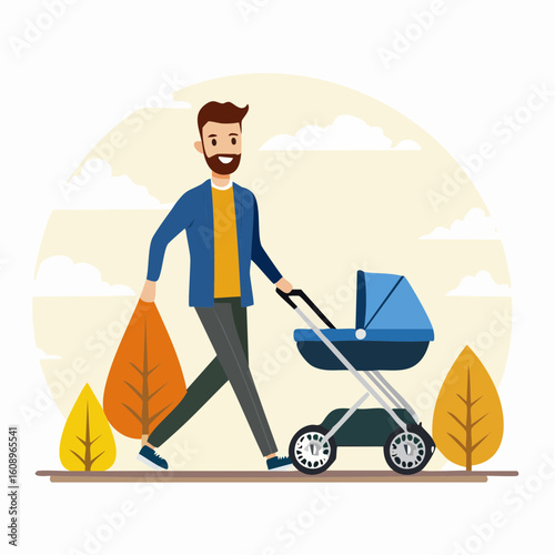 Happy young father walking with a baby stroller in an autumn park. Modern dad enjoying parenthood and a walk with his newborn.